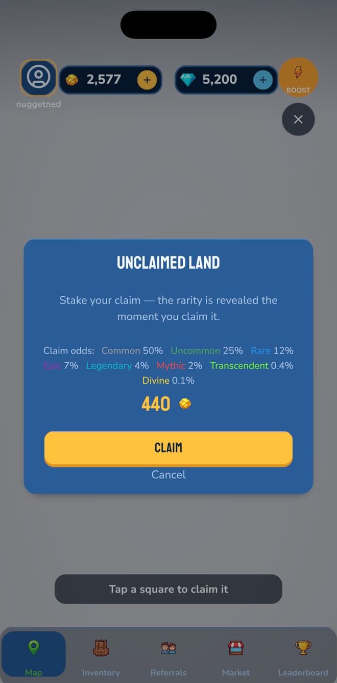 The claim dialog showing rarity odds and the claim price