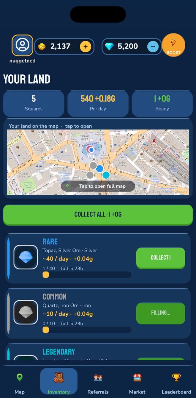 The Your Land screen with squares producing gems